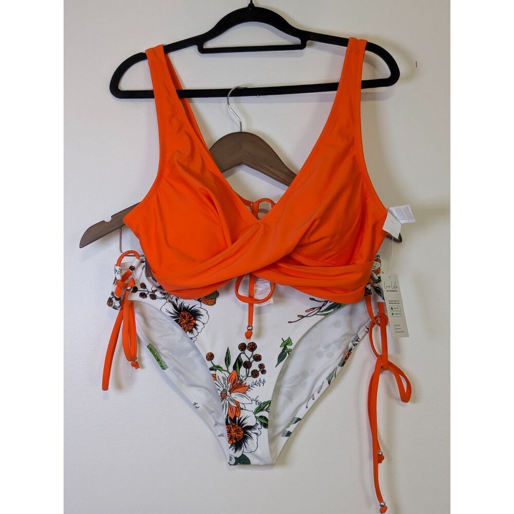 Cupshe XL Front Cross Bikini Set NWT Orange Floral Bathing Suit Tropical - Picture 4 of 10